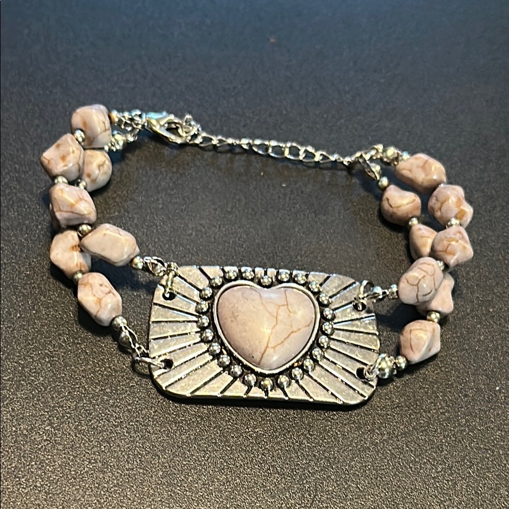 Heart silver two row stone beaded adjustable bracelet